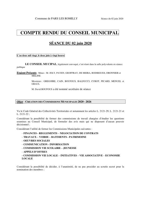 Compte rendu du conseil municipal du 02 juin 2020