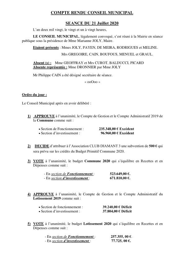 Compte rendu du conseil municipal du 21 juillet 2020
