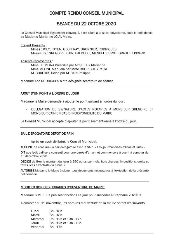 Compte rendu du conseil municipal du 22 octobre 2020
