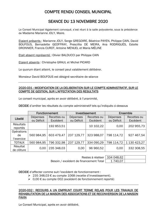 Compte rendu du conseil municipal du 13 novembre 2020