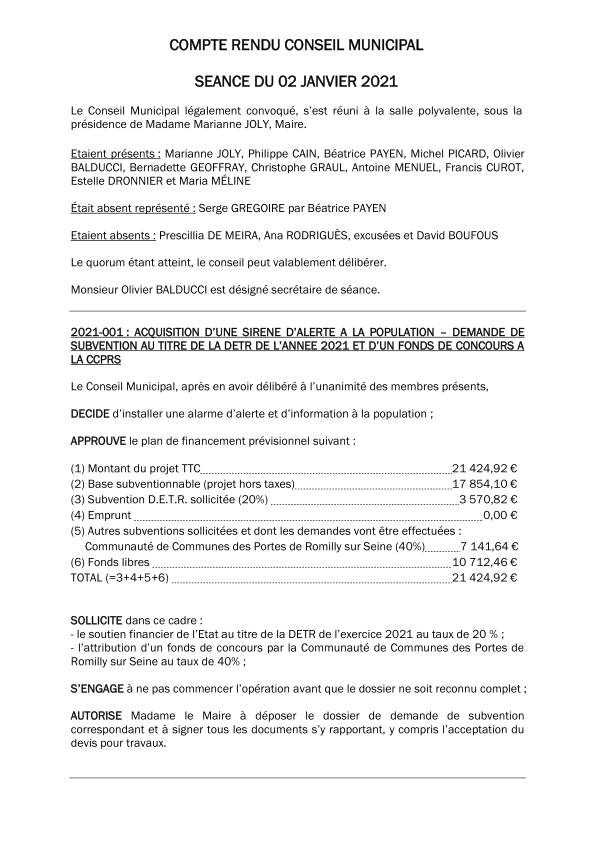 Compte rendu du conseil municipal du 02 janvier 2021
